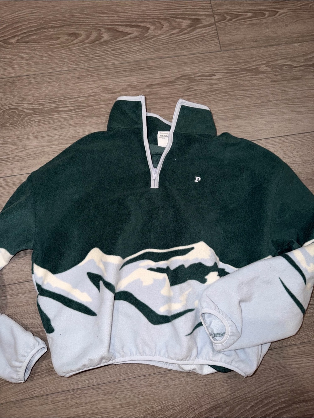 PINK Victoria's Secret Dark Green and Light Blue Quarter-Zip Fleece Pullover